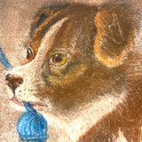 Dog with Blue Tassel, Charming 19th Century Pastel Drawing on Card
