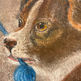 Dog with Blue Tassel, Charming 19th Century Pastel Drawing on Card