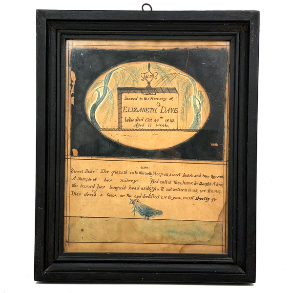 Memorial for Elizabeth G. Davis, Died Aged 11 Weeks, 1812, Ink and Watercolor in Original Frame