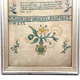 Sincerity and Truth, Early 19th Century Needlepoint Sampler with Verse and Glorious Flowers in Urn