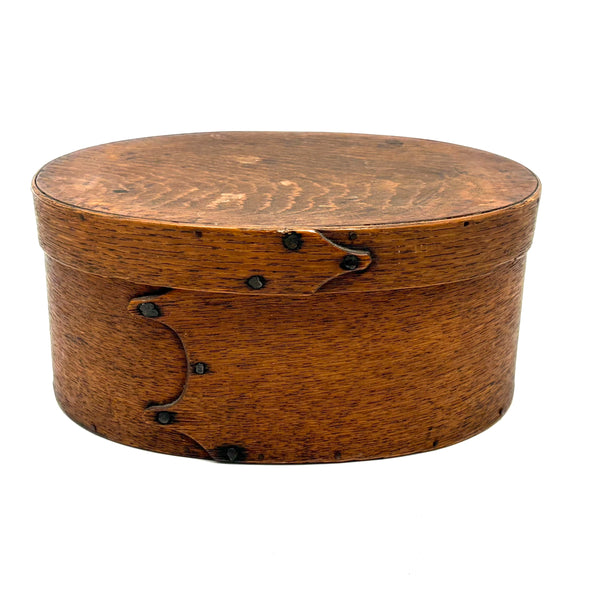Mid 19th Century Oval Pantry Box with Unusual Double Fingered Lap and Square Head Nails