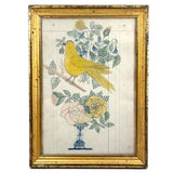Yellow Bird with Blooming Flowers, Full Page Antique Ledger Drawing in Beautiful Lemon Gold Frame