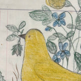 Yellow Bird with Blooming Flowers, Full Page Antique Ledger Drawing in Beautiful Lemon Gold Frame