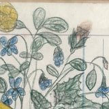 Yellow Bird with Blooming Flowers, Full Page Antique Ledger Drawing in Beautiful Lemon Gold Frame
