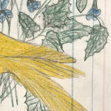 Yellow Bird with Blooming Flowers, Full Page Antique Ledger Drawing in Beautiful Lemon Gold Frame