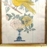 Yellow Bird with Blooming Flowers, Full Page Antique Ledger Drawing in Beautiful Lemon Gold Frame