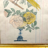 Yellow Bird with Blooming Flowers, Full Page Antique Ledger Drawing in Beautiful Lemon Gold Frame