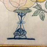Yellow Bird with Blooming Flowers, Full Page Antique Ledger Drawing in Beautiful Lemon Gold Frame