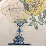 Yellow Bird with Blooming Flowers, Full Page Antique Ledger Drawing in Beautiful Lemon Gold Frame