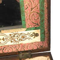19th C. Dresser Box with Wallpaper Framed Mirror and Hand-painted Print of Deer