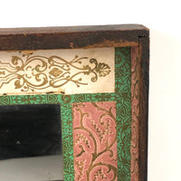 19th C. Dresser Box with Wallpaper Framed Mirror and Hand-painted Print of Deer