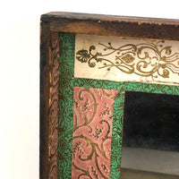 19th C. Dresser Box with Wallpaper Framed Mirror and Hand-painted Print of Deer