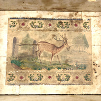 19th C. Dresser Box with Wallpaper Framed Mirror and Hand-painted Print of Deer