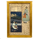 Lovers Under Starry Sky and Royal, Antique Mughal Manuscript Painting in Double-Paned Frame