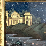Lovers Under Starry Sky and Royal, Antique Mughal Manuscript Painting in Double-Paned Frame