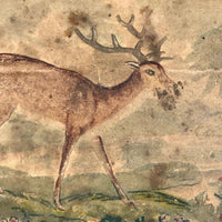 19th C. Dresser Box with Wallpaper Framed Mirror and Hand-painted Print of Deer