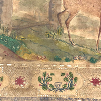 19th C. Dresser Box with Wallpaper Framed Mirror and Hand-painted Print of Deer