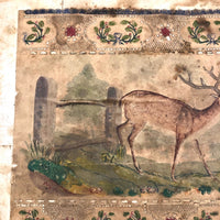19th C. Dresser Box with Wallpaper Framed Mirror and Hand-painted Print of Deer