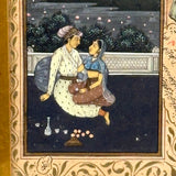 Lovers Under Starry Sky and Royal, Antique Mughal Manuscript Painting in Double-Paned Frame
