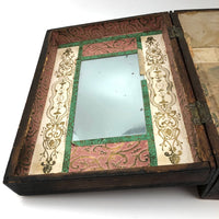 19th C. Dresser Box with Wallpaper Framed Mirror and Hand-painted Print of Deer