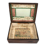 19th C. Dresser Box with Wallpaper Framed Mirror and Hand-painted Print of Deer