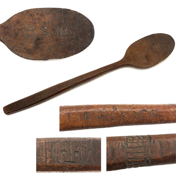 Long Carved Folk Art Wood Spoon with Monograms and Face, 1910
