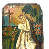St. Rose of Lima with Cross, Lovely Small Antique Retablo on Tin