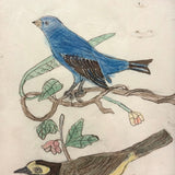 Pair of Bright (and Bright Eyed!) Birds, Ink and Colored Pencil Folk Art Drawing in Early 19th Century Frame with Very Thin Blown Glass