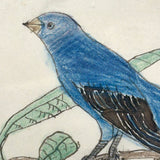 Pair of Bright (and Bright Eyed!) Birds, Ink and Colored Pencil Folk Art Drawing in Early 19th Century Frame with Very Thin Blown Glass
