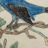 Pair of Bright (and Bright Eyed!) Birds, Ink and Colored Pencil Folk Art Drawing in Early 19th Century Frame with Very Thin Blown Glass