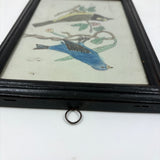 Pair of Bright (and Bright Eyed!) Birds, Ink and Colored Pencil Folk Art Drawing in Early 19th Century Frame with Very Thin Blown Glass