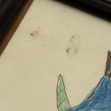 Pair of Bright (and Bright Eyed!) Birds, Ink and Colored Pencil Folk Art Drawing in Early 19th Century Frame with Very Thin Blown Glass