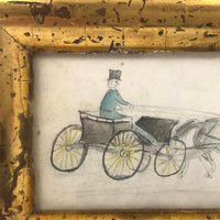 19th C. Naive Drawing of Horse Drawn Carriage in Period Frame