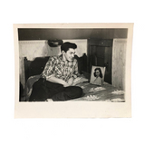 Smitten and Eager Young Man with Photo on Bed, Vintage Snapshot