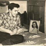 Smitten and Eager Young Man with Photo on Bed, Vintage Snapshot