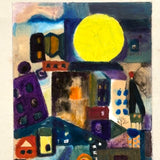 SOLD Mid Century Watercolor Abstraction with Figures, Buildings and Giant Moon