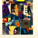 SOLD Mid Century Watercolor Abstraction with Figures, Buildings and Giant Moon