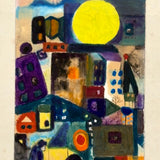 SOLD Mid Century Watercolor Abstraction with Figures, Buildings and Giant Moon