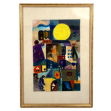SOLD Mid Century Watercolor Abstraction with Figures, Buildings and Giant Moon