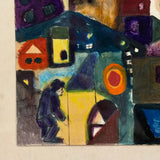 SOLD Mid Century Watercolor Abstraction with Figures, Buildings and Giant Moon