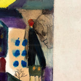SOLD Mid Century Watercolor Abstraction with Figures, Buildings and Giant Moon