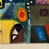 SOLD Mid Century Watercolor Abstraction with Figures, Buildings and Giant Moon