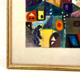 SOLD Mid Century Watercolor Abstraction with Figures, Buildings and Giant Moon