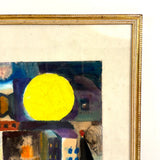 SOLD Mid Century Watercolor Abstraction with Figures, Buildings and Giant Moon