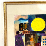 SOLD Mid Century Watercolor Abstraction with Figures, Buildings and Giant Moon