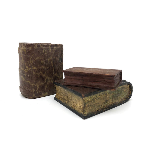 Set of Three Old Folk Art Carved Books, One Stone + Two Wood