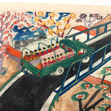 Soldiers and Toyota Truck, Tshibanda Muayabu Mid 20th C. Presumed Congolese Folk Art Tempera Painting