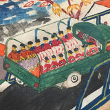 Soldiers and Toyota Truck, Tshibanda Muayabu Mid 20th C. Presumed Congolese Folk Art Tempera Painting