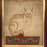 Victorian (1880s) Needlepoint Cat Over Wood Panel with Dated Newspaper on Reverse (Framed as Found, No Glass)i