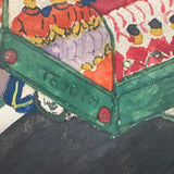 Soldiers and Toyota Truck, Tshibanda Muayabu Mid 20th C. Presumed Congolese Folk Art Tempera Painting